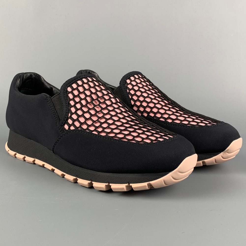 PRADA Black & Pink Nylon Mesh Slip Sneakers - Picture 2 of 9